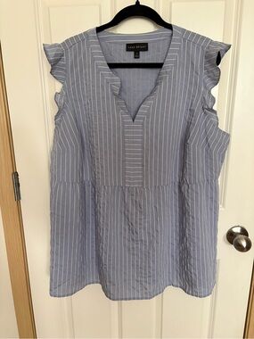 Lane Bryant Blue & White Striped V-Neck Ruffle Sleeve Tunic Top